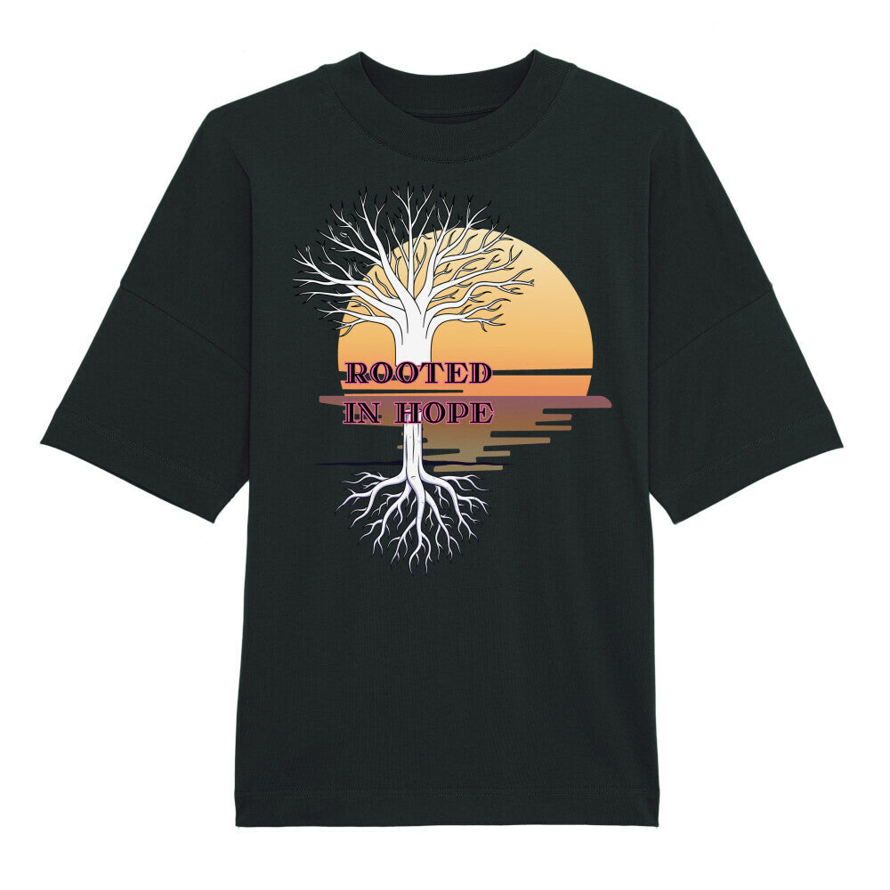 Oversized T-Shirt "ROOTED IN HOPE" – Premium Organic Schwarz STYL-NOW